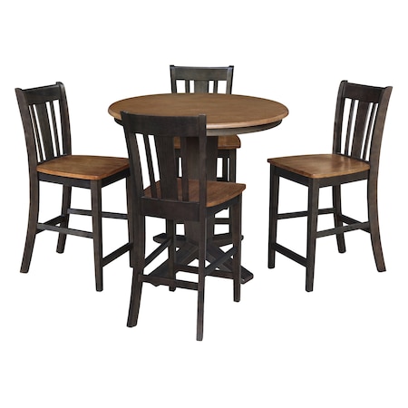 International Concepts 36 in. Solid Wood Round Top Dining Table with 4 Counter Height Stools in Hickory/Washed Coal K45-36RT-23B-S102-4